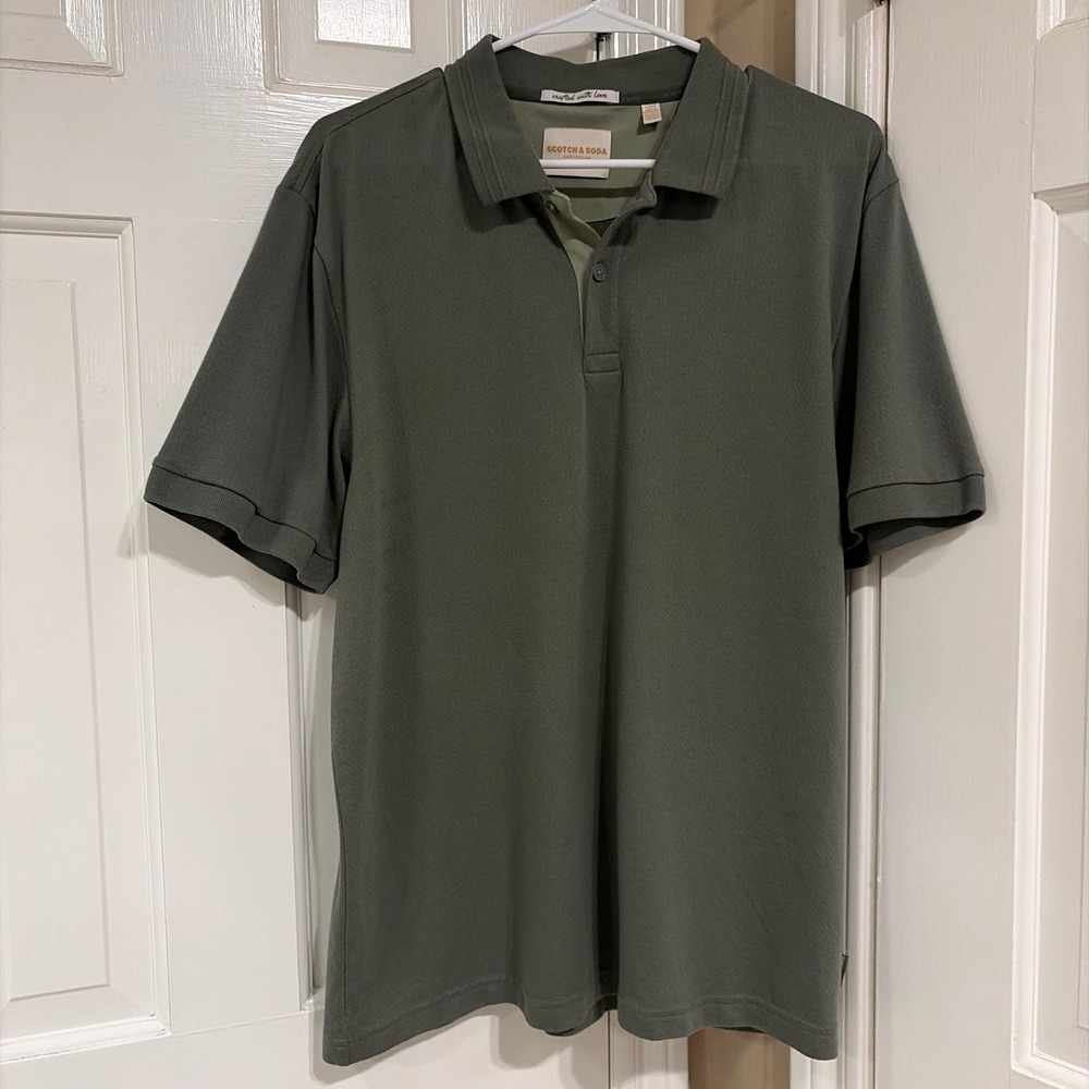 Scotch & Soda Mens Regular Fit Polo Shirt Olive Green Large Pique Cotton Blend